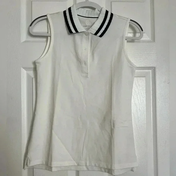 Tory Burch Performance Pleated Collar Sleeveless Polo - Picture 1 of 5